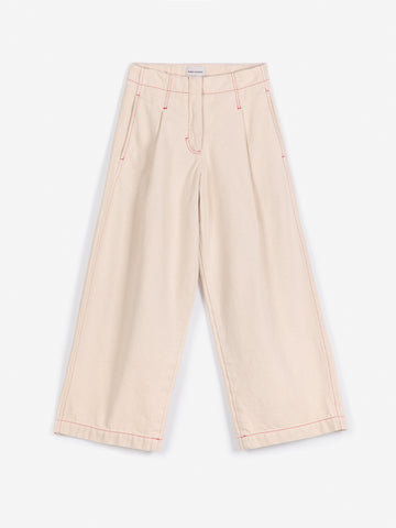 Ecru twill pleated barrel pants